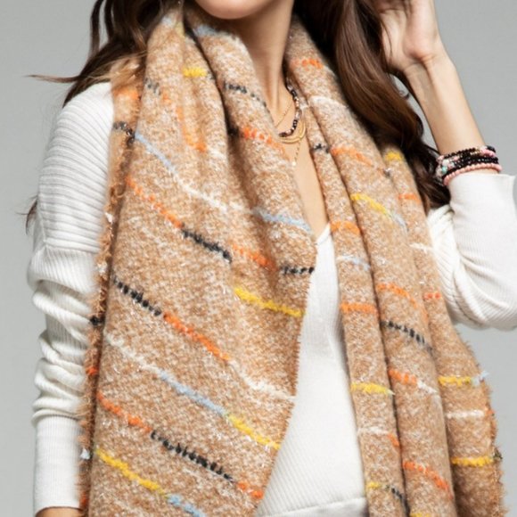 NEW Colorful Stitch with Metallic Glitz Soft Fringe Tassel Oblong Scarf Beige - Picture 6 of 8